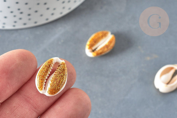 Pendentif coquillage cauri naturel résine et paillettes or 17-22mm, x5 (G7352)