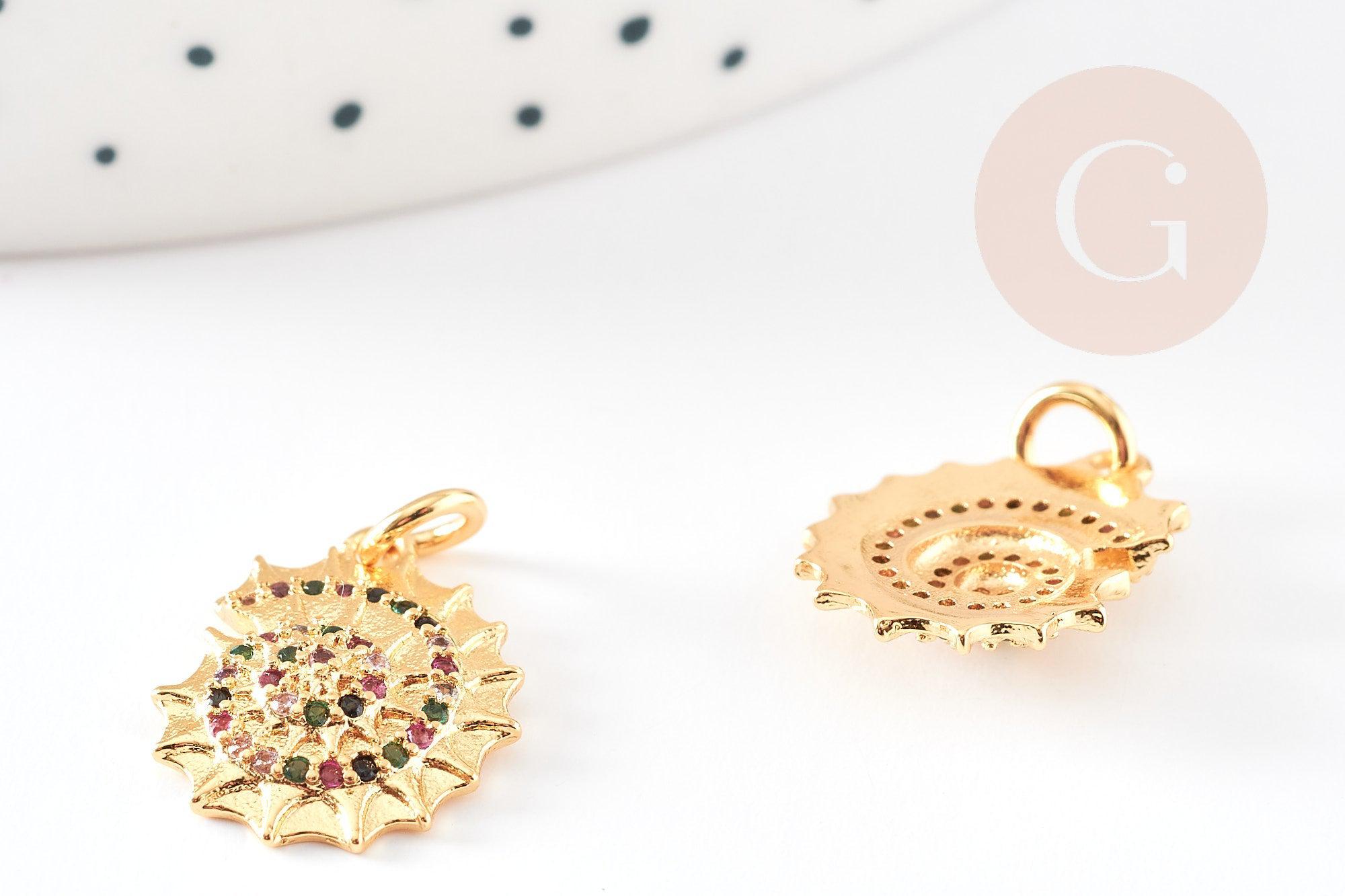Pendentif coquillage doré 18K zircon coloré 16mm,pendentif laiton doré thème océan et plage, x1 G5288