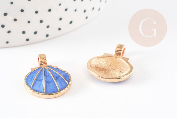 Pendentif coquillage doré bleu 24.5mm, pendentif coquillage pour création bijoux x 2 (G5793)