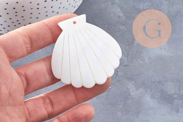 Pendentif coquillage nacre blanche naturelle 54mm, x2 (G10091)