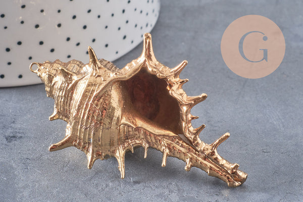 Pendentif coquillage naturel doré 57-78mm, pendentif doré pour création bijoux vacances x1 G1612