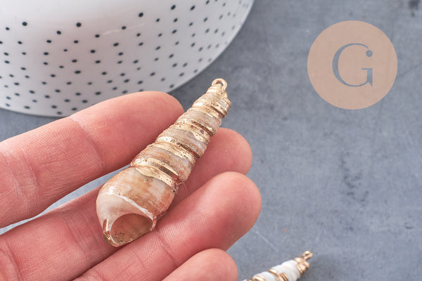 Pendentif coquillage naturel spirale doré, pendentif doré, création bijoux, coquillage bijou,coquillage or, 44-57mm-G5414