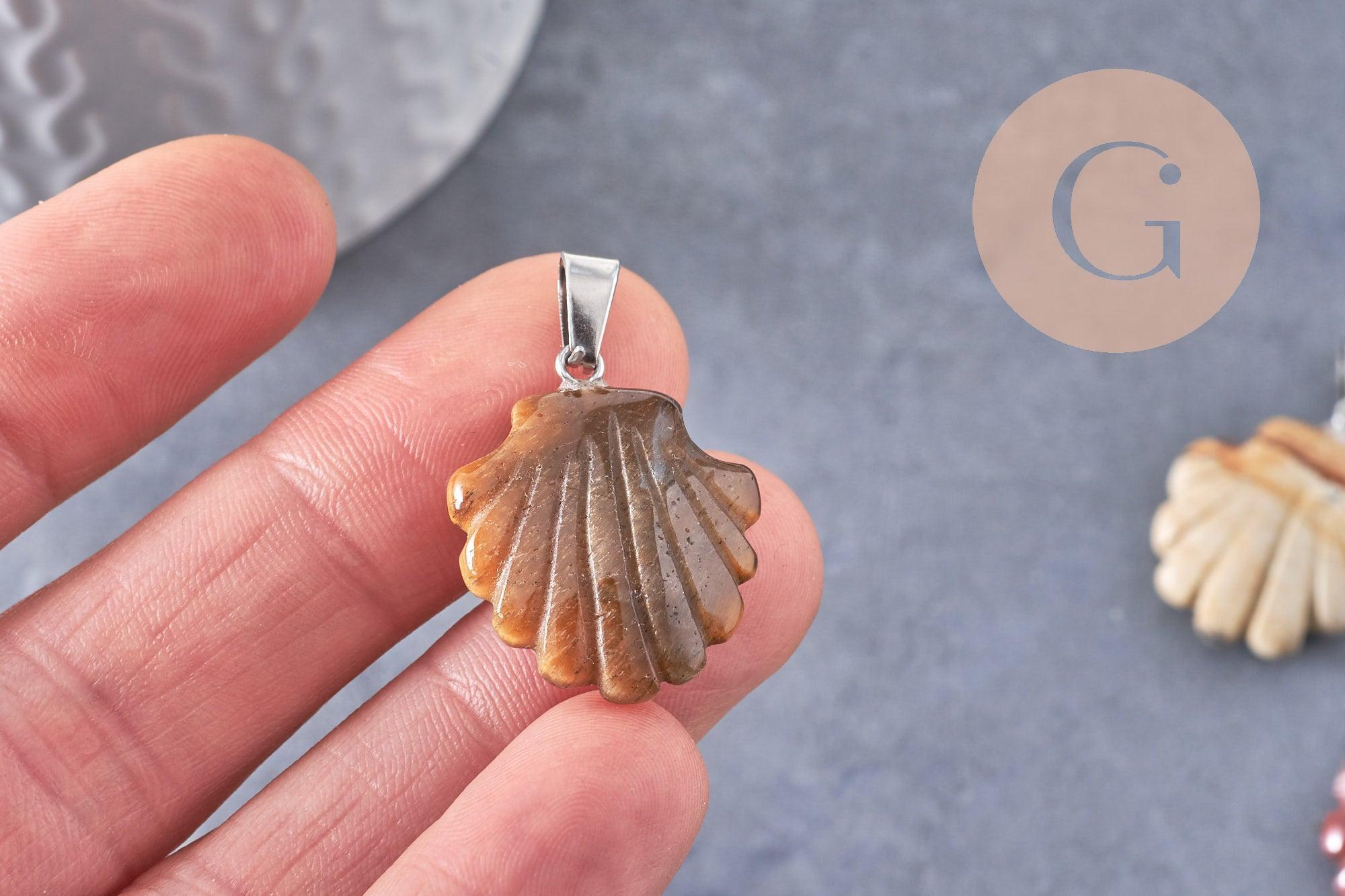 Pendentif coquillage pierre naturelle et de synthèse laiton platine 22-25mm, x1 (G10344)