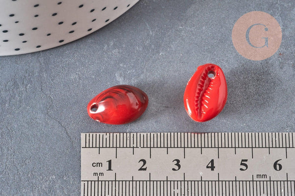 Pendentif coquillage rouge marbré,perle acrylique,cauri,coquillage bijou,19mm, x10 (G1718)