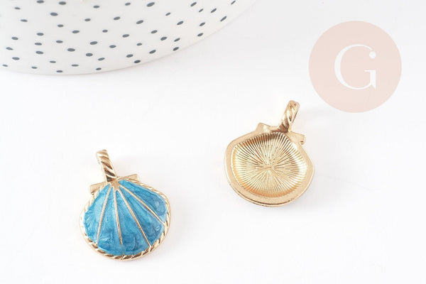 Pendentif coquillage zamac doré bleu ciel 24.5mm, pendentif coquillage pour création bijoux, x2 G3417