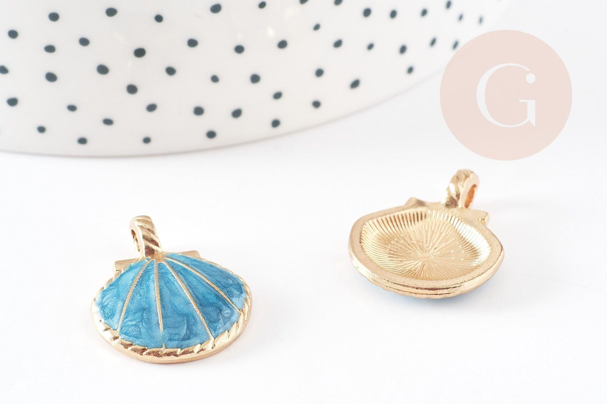 Pendentif coquillage zamac doré bleu ciel 24.5mm, x2 (G3417)
