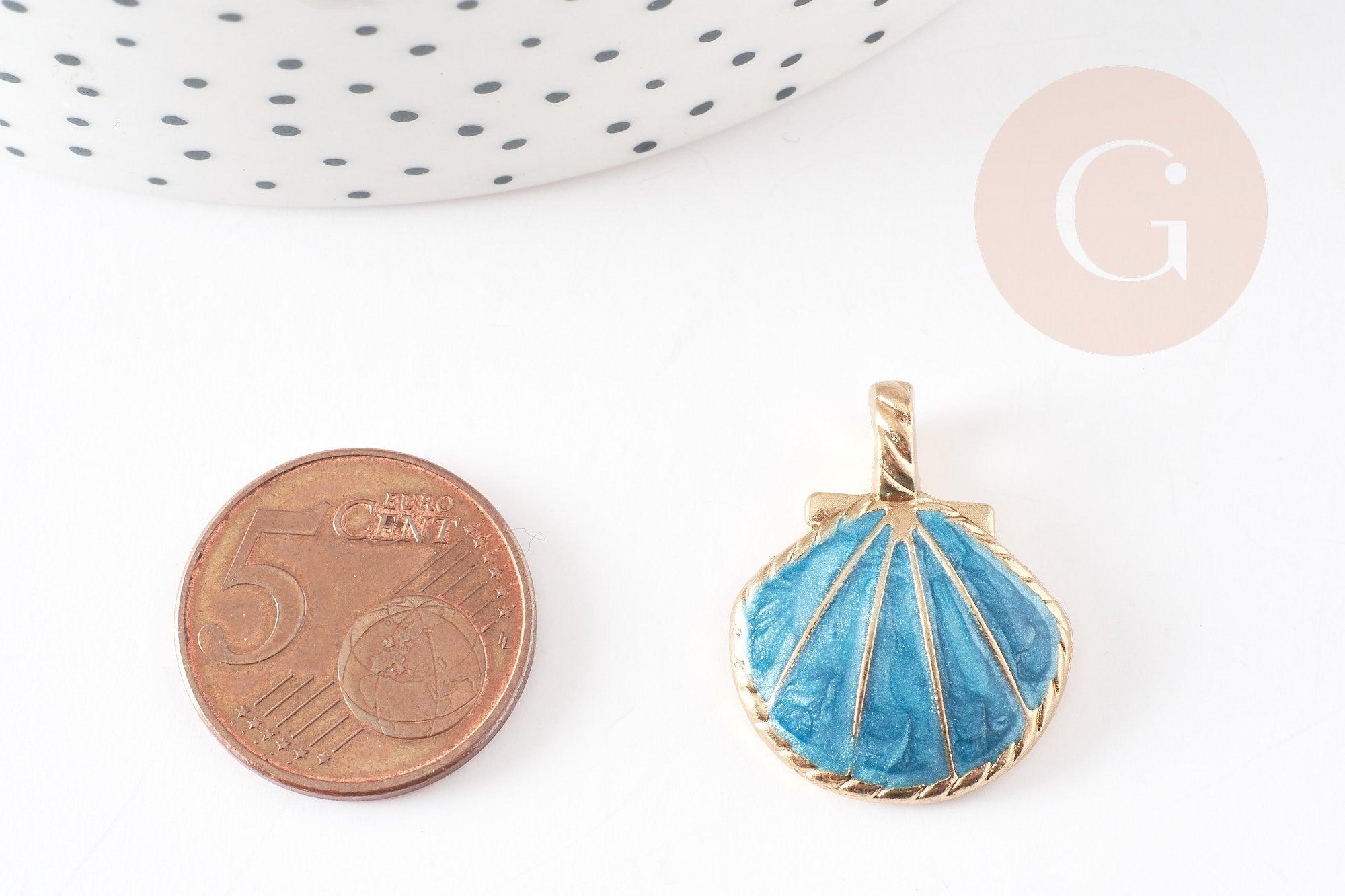 Pendentif coquillage zamac doré bleu ciel 24.5mm, x2 (G3417)