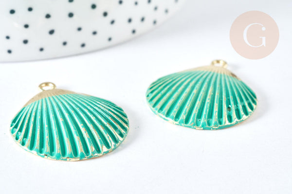 Pendentif coquillage zamac doré bleu turquoise 35,5mm, thème plage vacances, x1 G7438