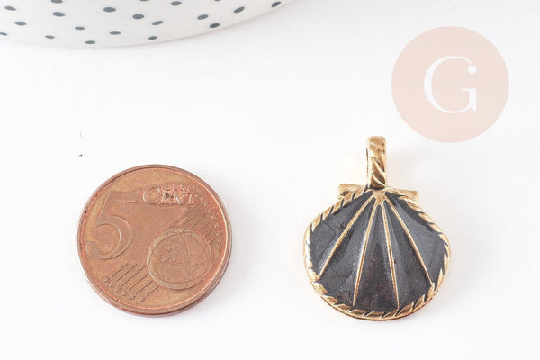 Pendentif coquillage zamac doré noir 24.5mm, pendentif coquillage pour création bijoux x2 G2737