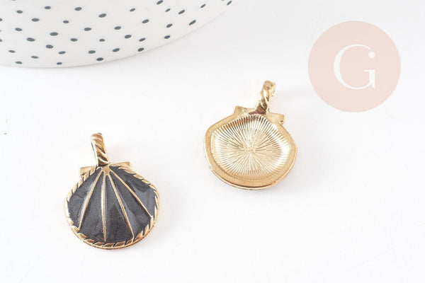 Pendentif coquillage zamac doré noir 24.5mm, pendentif coquillage pour création bijoux x2 G2737