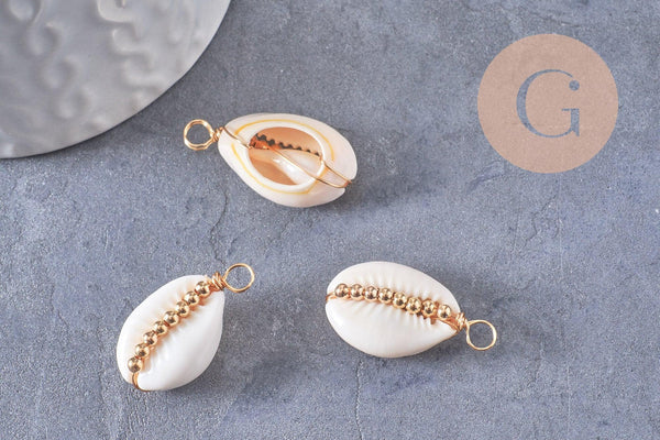Pendentif coquillages cauri blanc naturels perles & fil dorés 24-30mm, x2 (G10318)