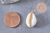 Pendentif coquillages cauri blanc naturels perles & fil dorés 24-30mm, x2 (G10318)