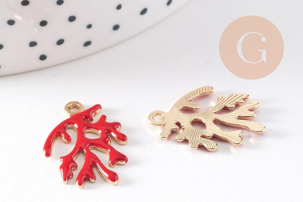 Pendentif corail émail rouge zamac doré 21.5mm, x2 (G10474)