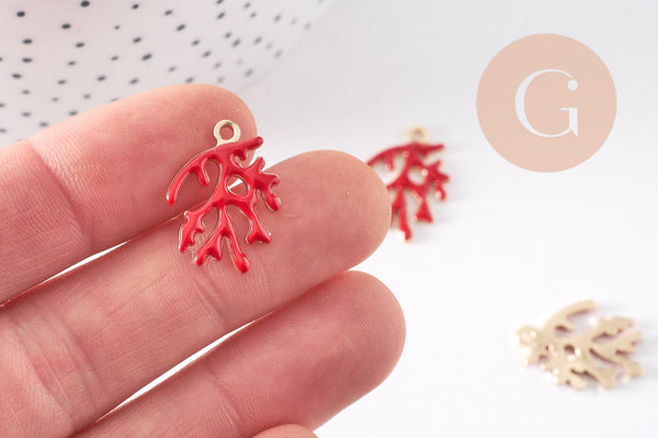 Pendentif corail émail rouge zamac doré 21.5mm, x2 (G10474)