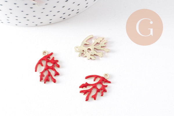 Pendentif corail émail rouge zamac doré 21.5mm, x2 (G10474)