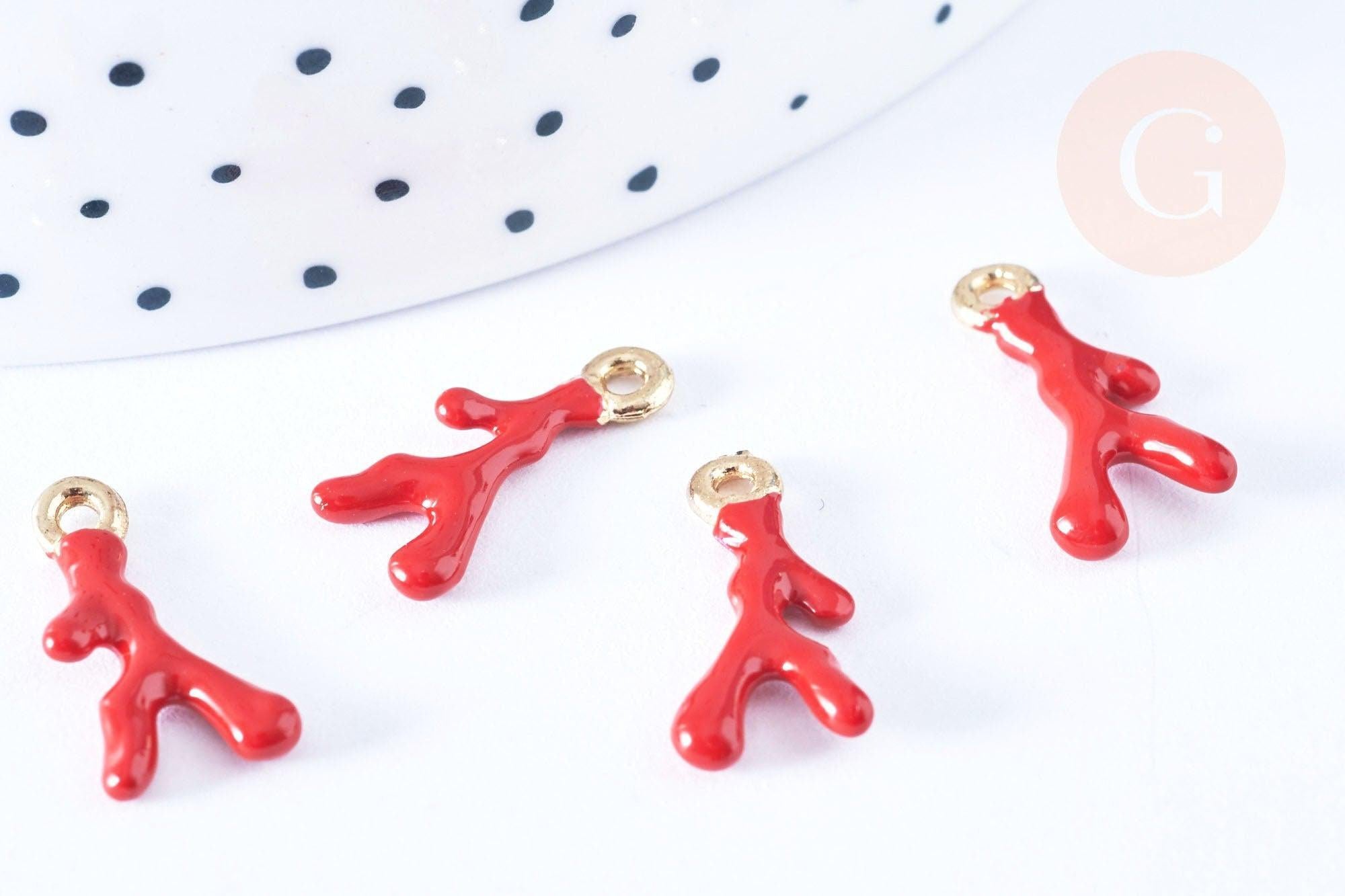 Pendentif corail émaillé rouge zamac doré 20mm x2 (G7512)