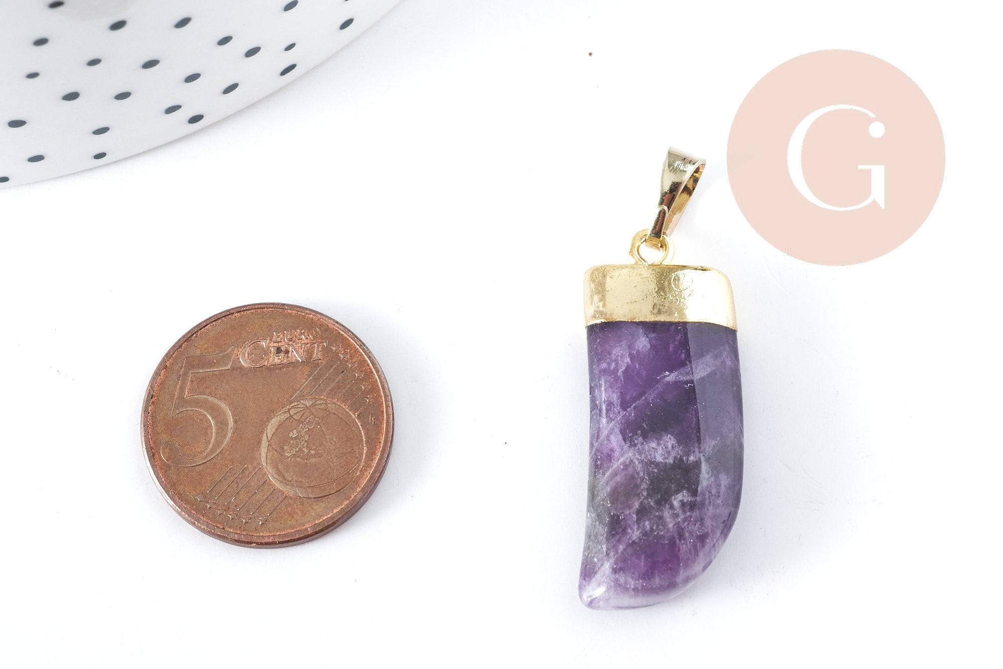 Pendentif corne améthyste naturel 37mm,pendentif pierre naturelle création bijoux, x1 (G8283)