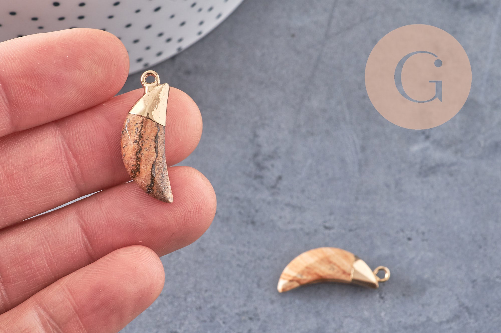 Pendentif corne jaspe paysage,jaspe marron, pendentif pierre, jaspe naturel, 26mm x1 (G1257)