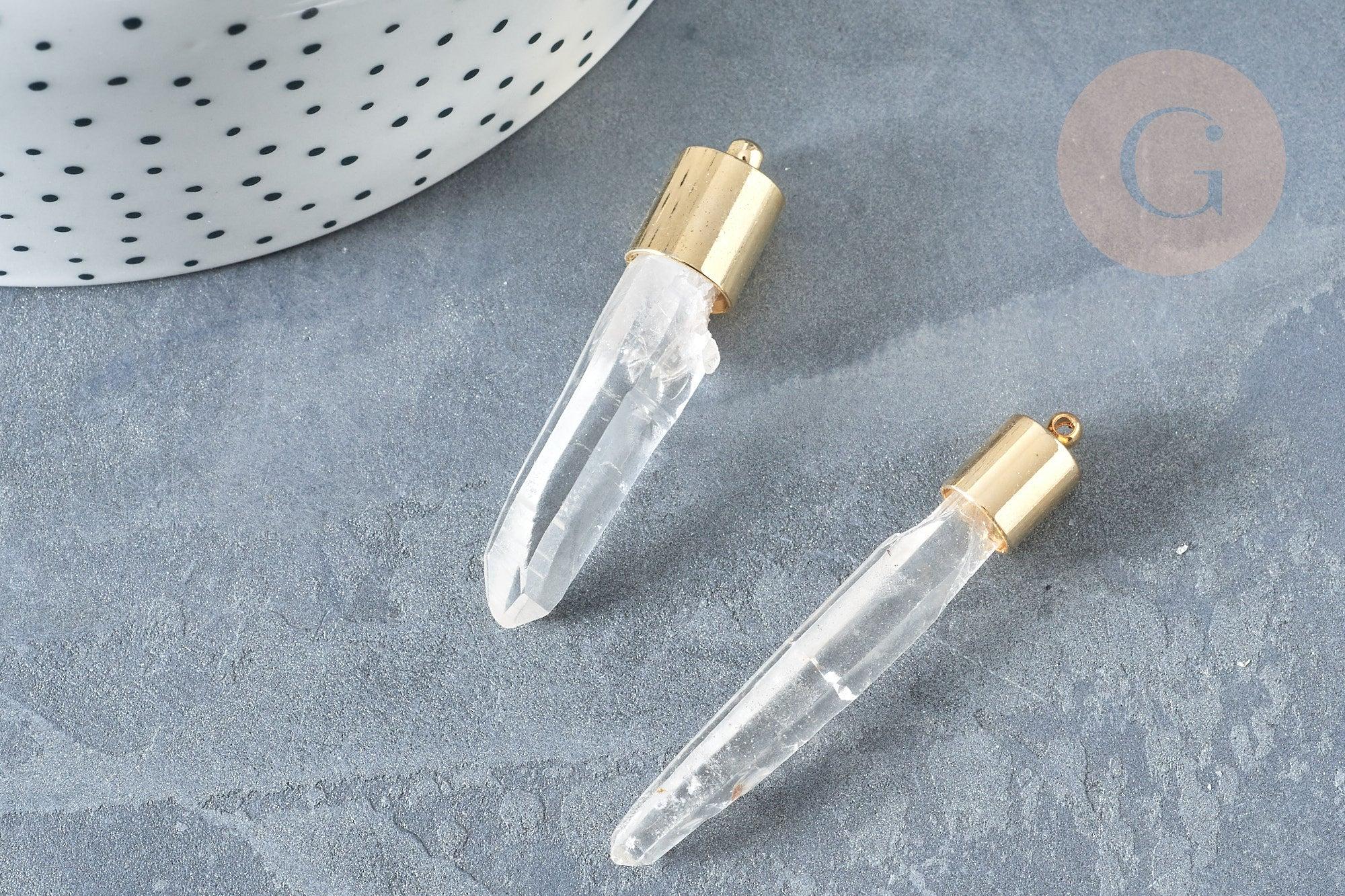 Pendentif cristal de roche naturel transparent laiton doré 16K, pierre brute, x1 (G8232)