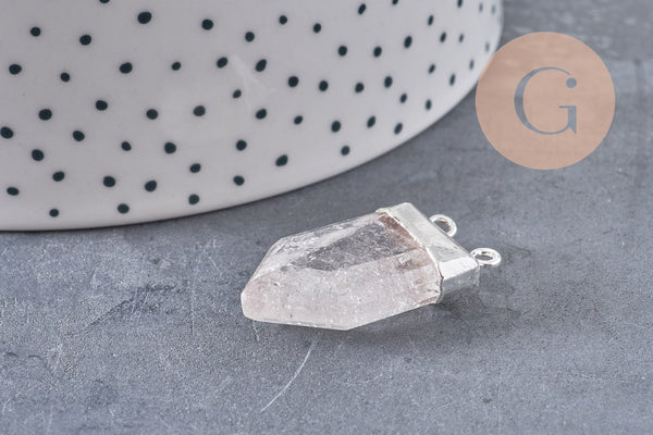 Pendentif cristal hexagone argenté,pendentif bijoux,pendentif pierre,quartz transparent ,28mm x1 (G3278)