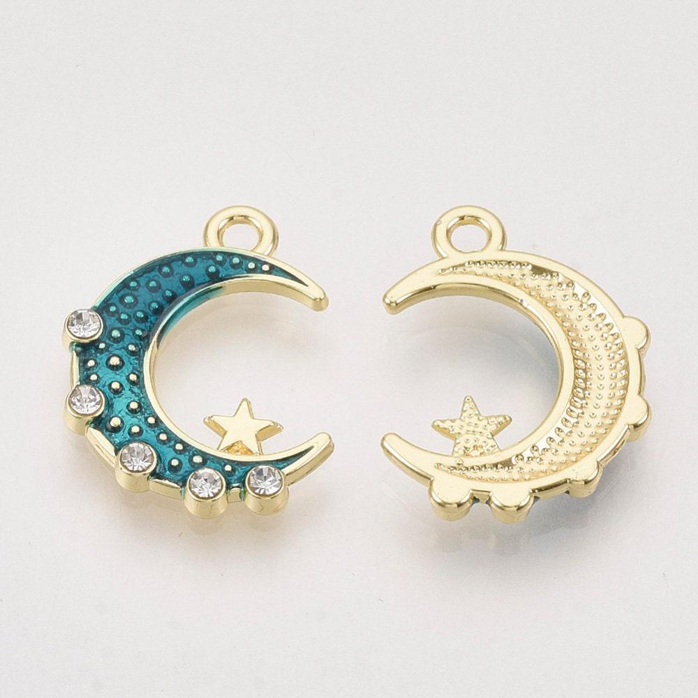 Pendentif croissant de lune étoiles cristal émaillé bleu turquoise zamac or 20mm, pendentif or émaillé, sans nickel, x1 (G5918)