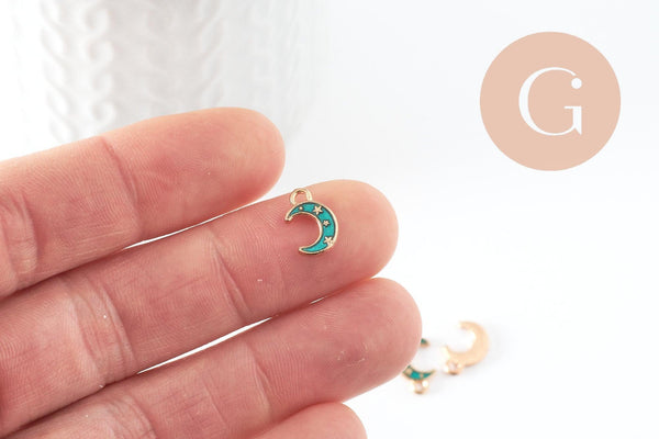 Pendentif croissant lune étoiles émail bleu zamac doré 11.5mm, x1 (G5920)