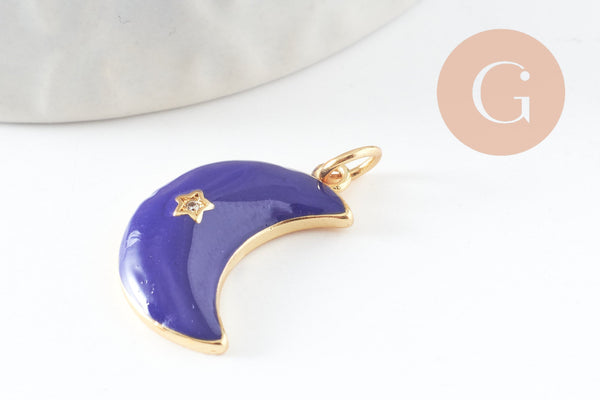 Pendentif croissant lune étoiles émail laiton bleu or 18K zircon 21mm, pendentif laiton émaillé, sans nickel, x1 (G5955)