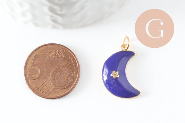 Pendentif croissant lune étoiles émail laiton bleu or 18K zircon 21mm, pendentif laiton émaillé, sans nickel, x1 (G5955)