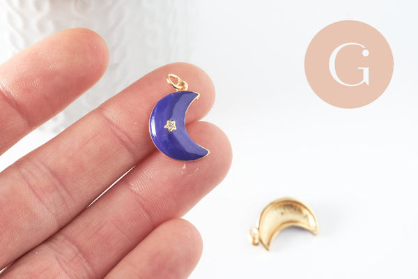 Pendentif croissant lune étoiles émail laiton bleu or 18K zircon 21mm, pendentif laiton émaillé, sans nickel, x1 (G5955)