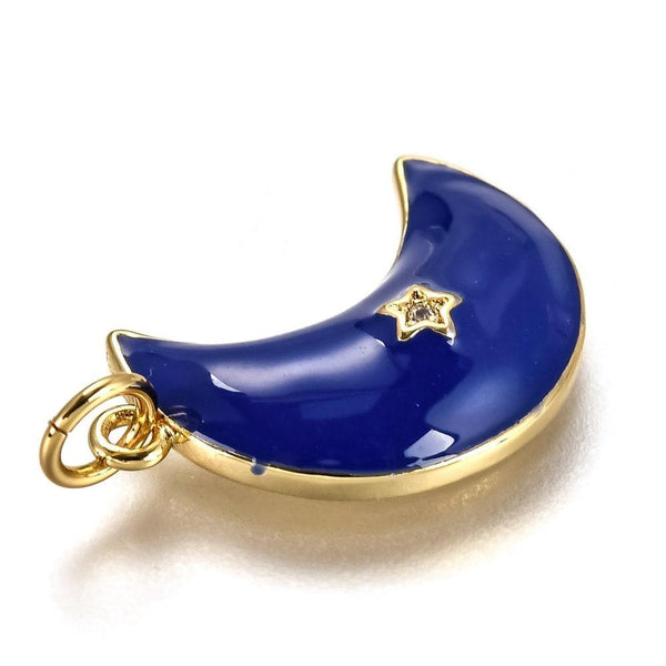 Pendentif croissant lune étoiles émail laiton bleu or 18K zircon 21mm, pendentif laiton émaillé, sans nickel, x1 (G5955)