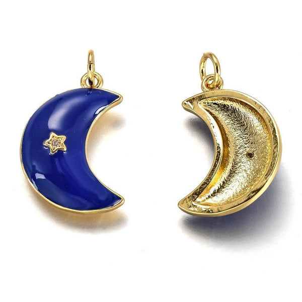 Pendentif croissant lune étoiles émail laiton bleu or 18K zircon 21mm, pendentif laiton émaillé, sans nickel, x1 (G5955)