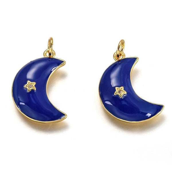 Pendentif croissant lune étoiles émail laiton bleu or 18K zircon 21mm, pendentif laiton émaillé, sans nickel, x1 (G5955)