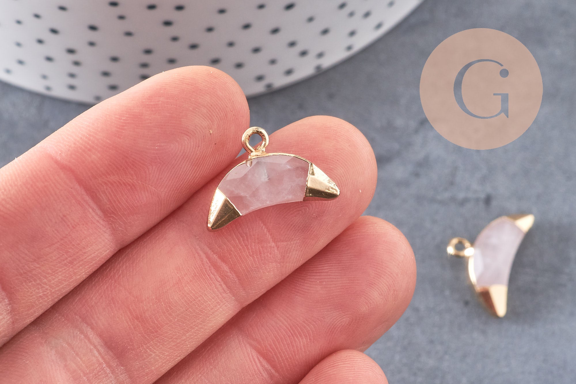 Pendentif croissant lune quartz rose doré,pendentif bijoux,lune quartz,quartz rose naturel,18mm x1 (G0515)