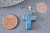 Pendentif croix agate naturelle bleu acier inoxydable 29mm,pendentif pierre, support argent, création bijoux,agate naturelle, x1 (G0500)