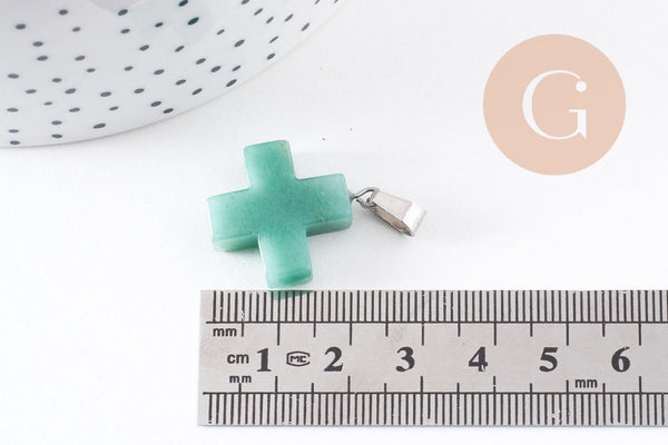 Pendentif croix aventurine verte naturelle acier inoxydable platine 24mm, x1 (G10070)