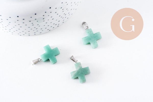Pendentif croix aventurine verte naturelle acier inoxydable platine 24mm, x1 (G10070)