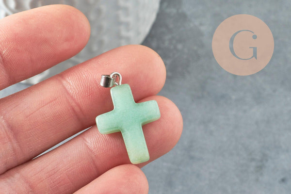 Pendentif croix aventurine verte naturelle laiton platine 15mm, x1 (G1977)