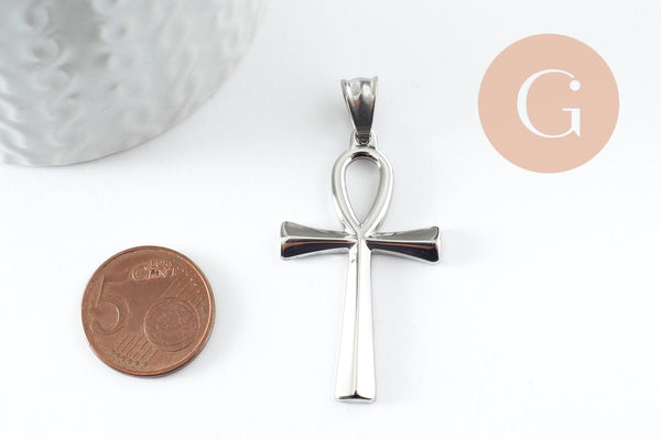 Pendentif croix copte acier 304 inoxydable argent 44.5mm, x1 (G9833)
