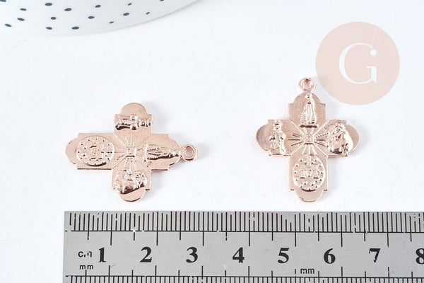 Pendentif croix gravé zamac doré or rose 24mm, création bijoux baroque pendentif religion, x1 (G8561)