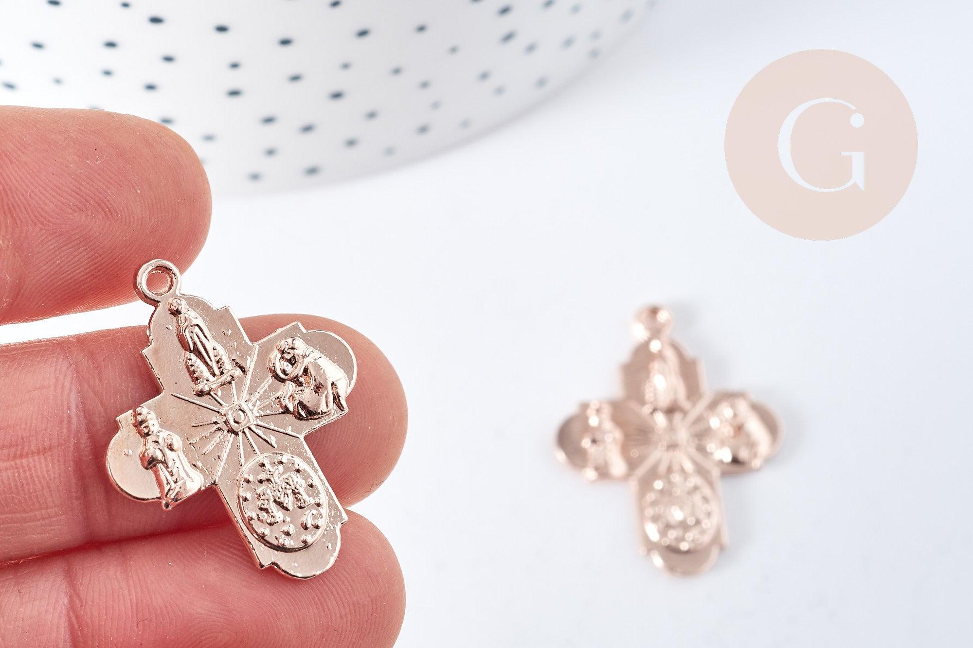 Pendentif croix gravé zamac doré or rose 24mm, création bijoux baroque pendentif religion, x1 (G8561)