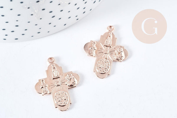 Pendentif croix gravé zamac doré or rose 24mm, création bijoux baroque pendentif religion, x1 (G8561)