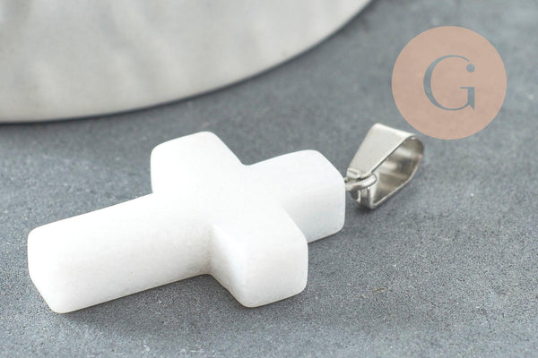 Pendentif croix jade naturel blanc acier inoxydable 29mm,pendentif pierre, support argent, création bijoux pierre, x1 (G1696)
