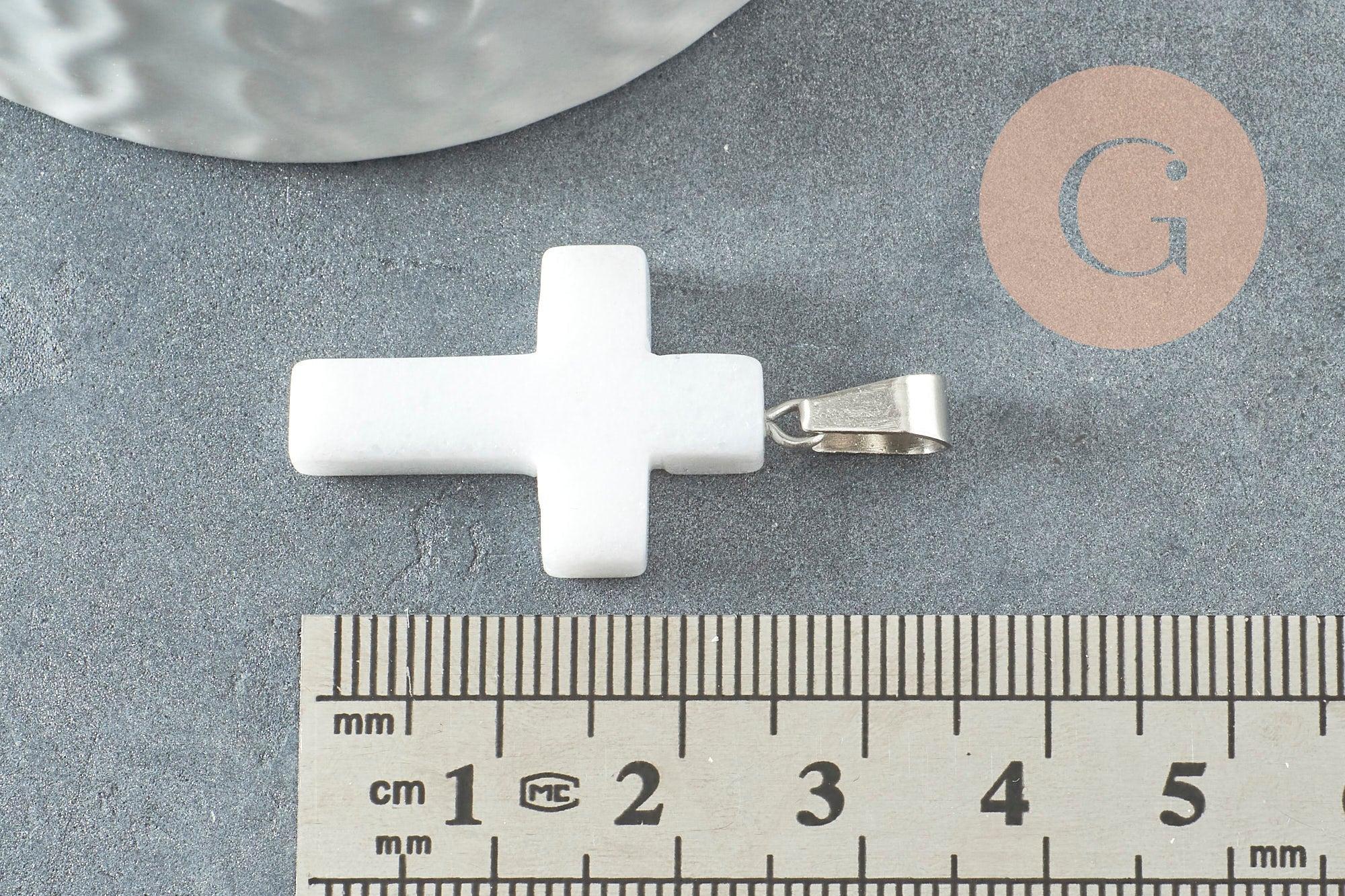 Pendentif croix jade naturel blanc acier inoxydable 29mm,pendentif pierre, support argent, création bijoux pierre, x1 (G1696)