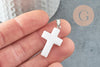 Pendentif croix jade naturel blanc acier inoxydable 29mm,pendentif pierre, support argent, création bijoux pierre, x1 (G1696)