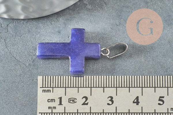 Pendentif croix jade naturel bleu acier inoxydable 29mm,pendentif pierre, support argent, x1 (G0499)