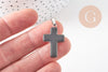 Pendentif croix jade naturel noir acier inoxydable 29mm,pendentif pierre, support argent, création bijoux,jade naturel,l x1 (G5704)