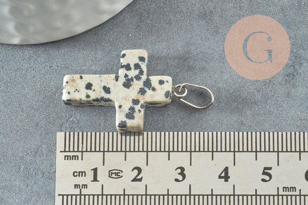 Pendentif croix jaspe dalmatien naturel acier inoxydable 29mm,pendentif pierre, support argent, création bijoux, x1 (G1695)