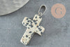 Pendentif croix jaspe dalmatien naturel acier inoxydable 29mm,pendentif pierre, support argent, création bijoux, x1 (G1695)
