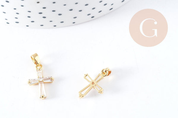 Pendentif croix laiton doré 18k zircons blancs transparents 17mm, création bijoux porte bonheur en zircon, x1 (G8968)