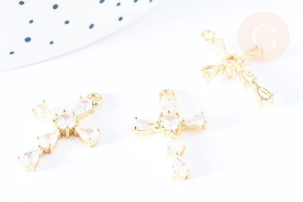 Pendentif croix laiton doré 18k zircons blancs transparents 24mm, création bijoux porte bonheur en zircon, x1 (G6988)